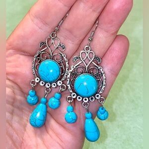 Turquoise imitation beads Bohemian Filigree Drop Earrings - Women Jewelry